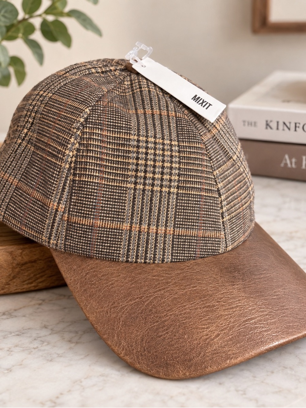 NWT Mixit Plaid Wool Blend Baseball Cap Brown Faux Leather Brim One Size